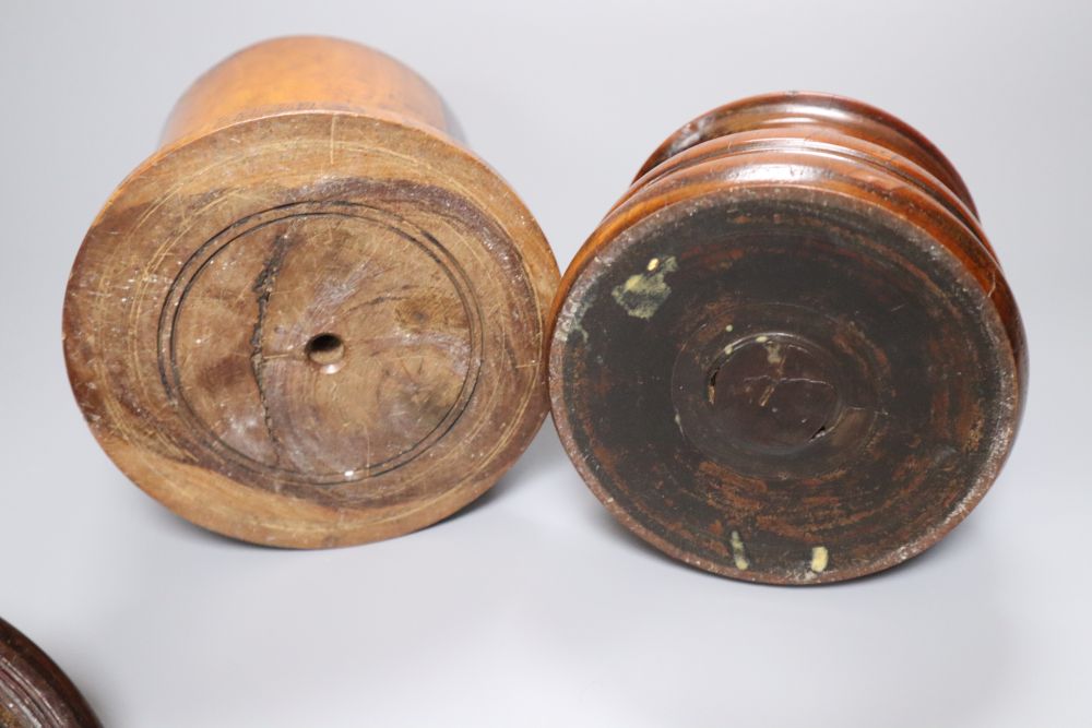 A 19th century lignum vitae string box, 18cm, and a similar tobacco? jar and cover